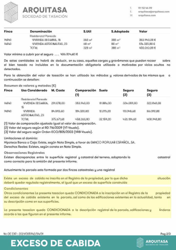 ejemplo exceso de cabida en una tasación